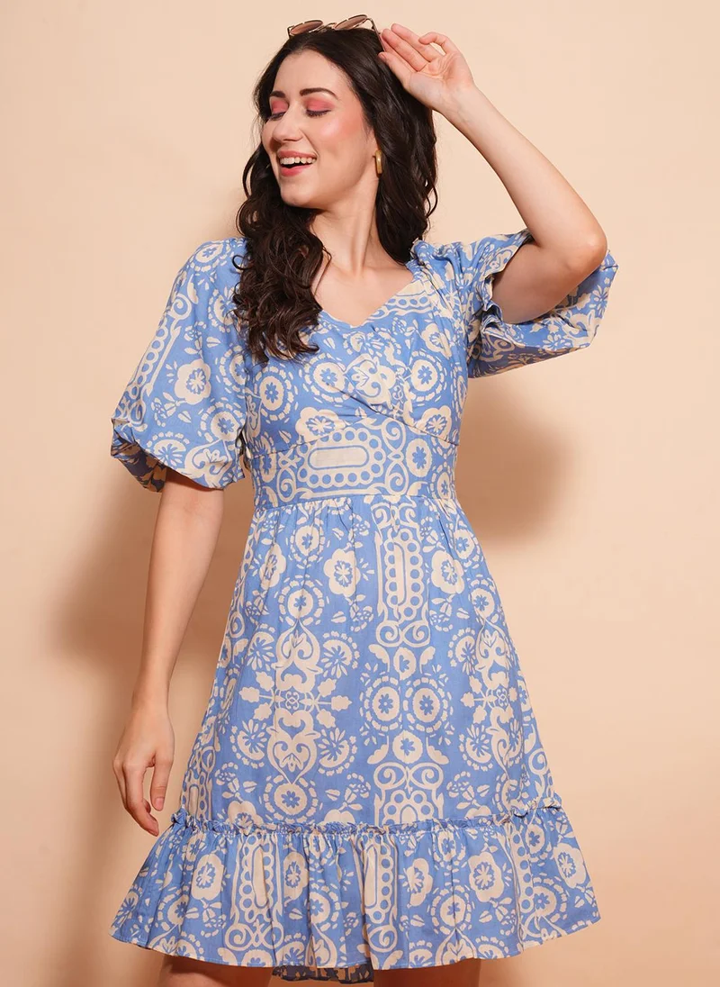 جلو باص فستان جلوبس نسائي مطبوع بأكمام منفوشة بقصة واسعة